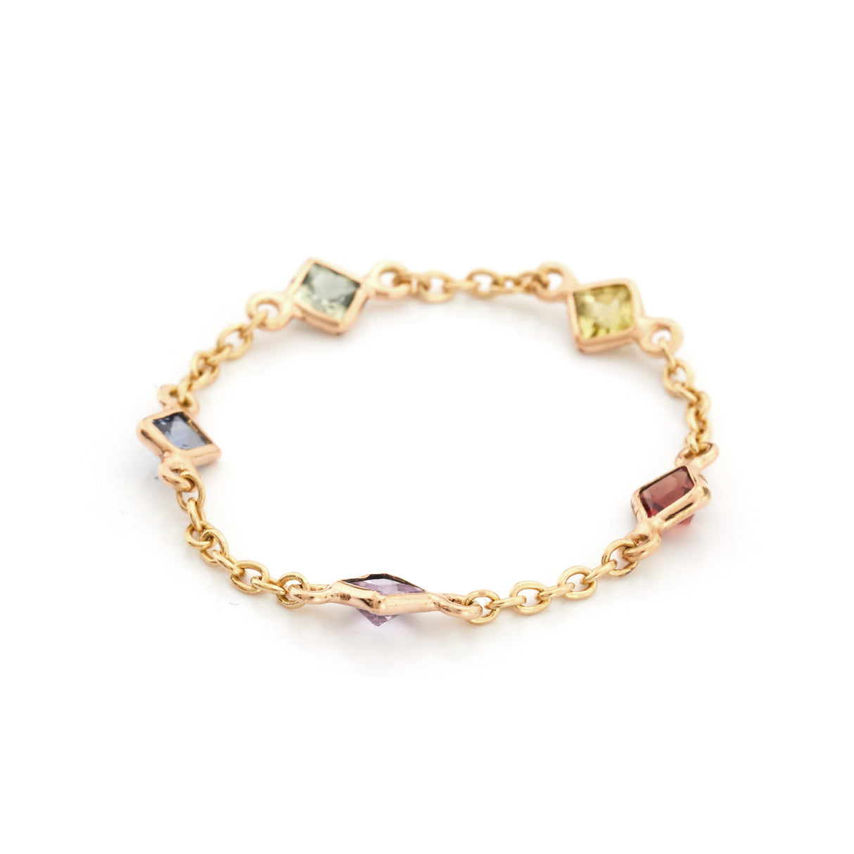 Rainbow Sapphire 5 Stone Chain Ring 14k gold Stackable ring side view