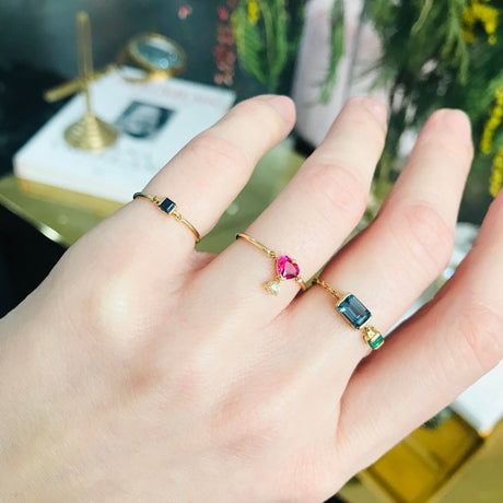 Royal Blue Sapphire Petite Circle Ring 14k gold stackable ring on model