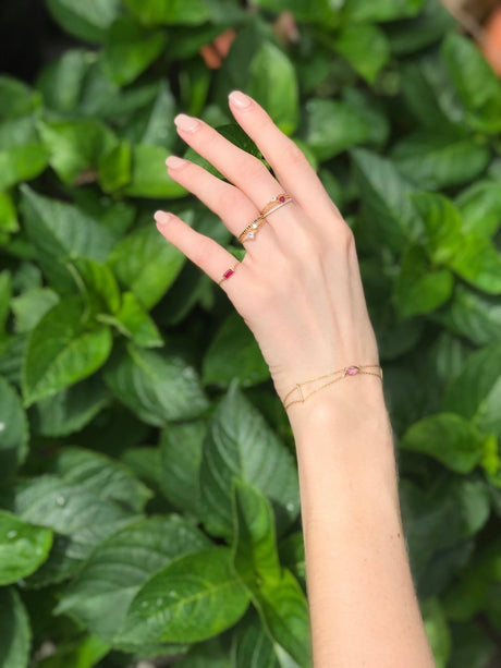 Ruby Baguette Chain Ring 14k gold Stackable ring on model