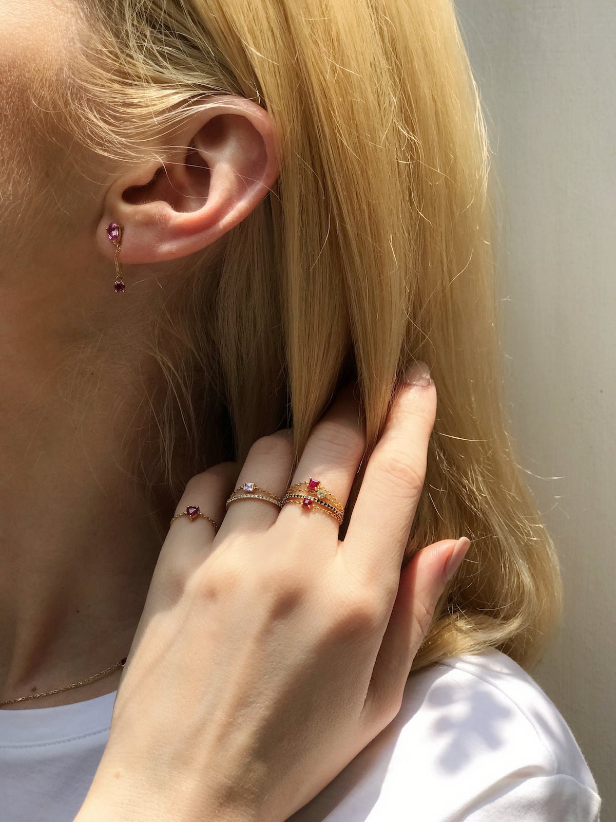 Ruby Chain Ring 14k gold Stackable ring on model