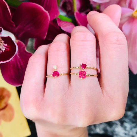 Ruby Heart Petite Circle Ring 14k gold stackable ring on model