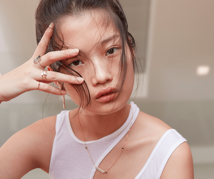 Ruby Heart Petite Circle Ring 14k gold stackable ring on model 3