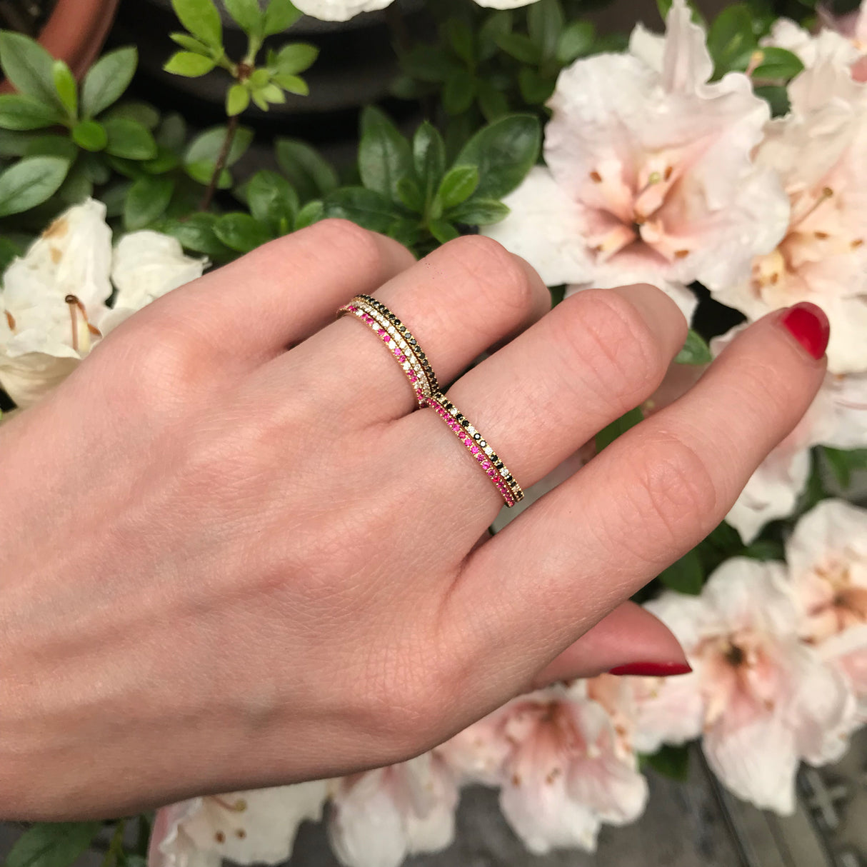 Ruby Infinite Ring 18k gold stackable ring on model