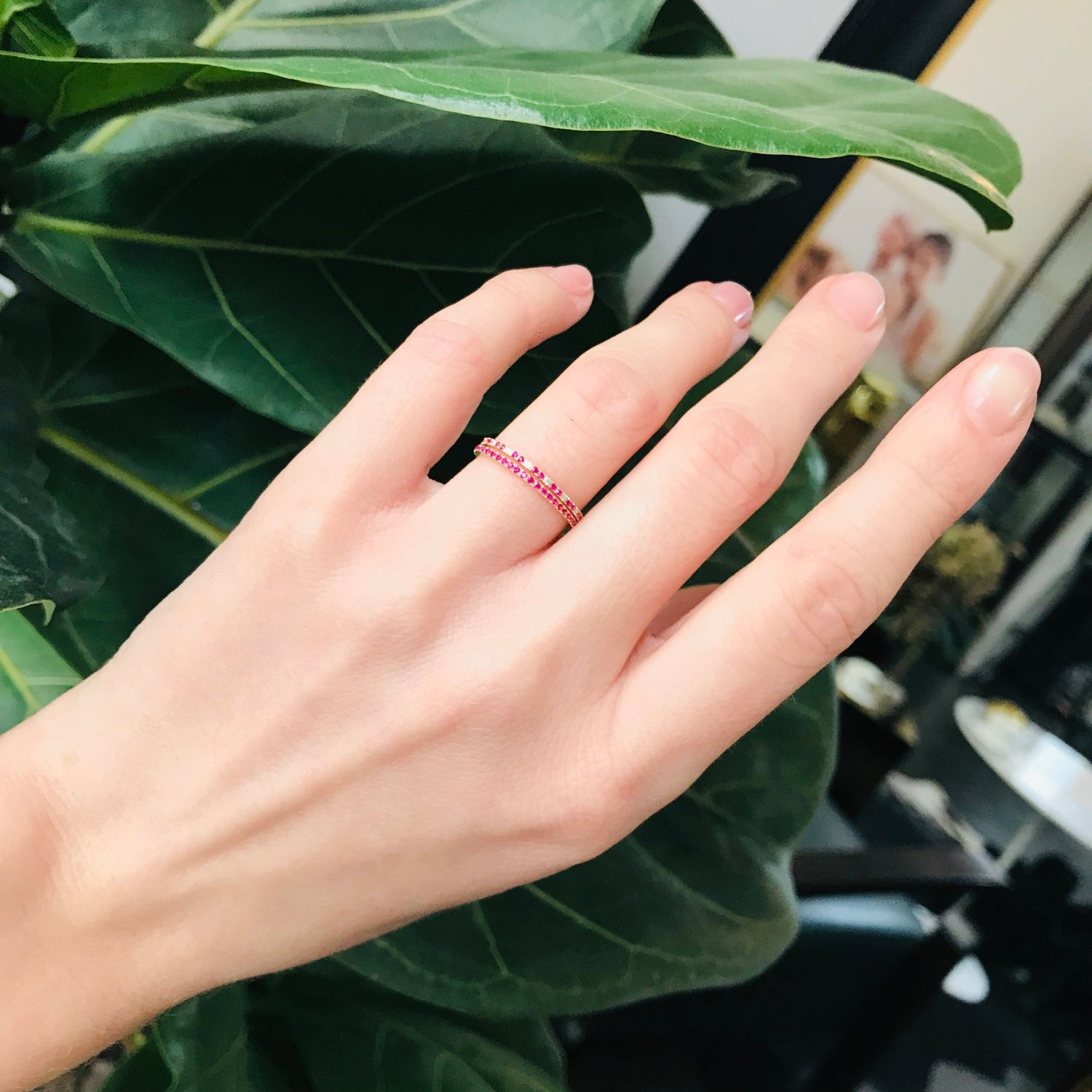 Ruby Infinite Ring 18k gold stackable ring on model 3