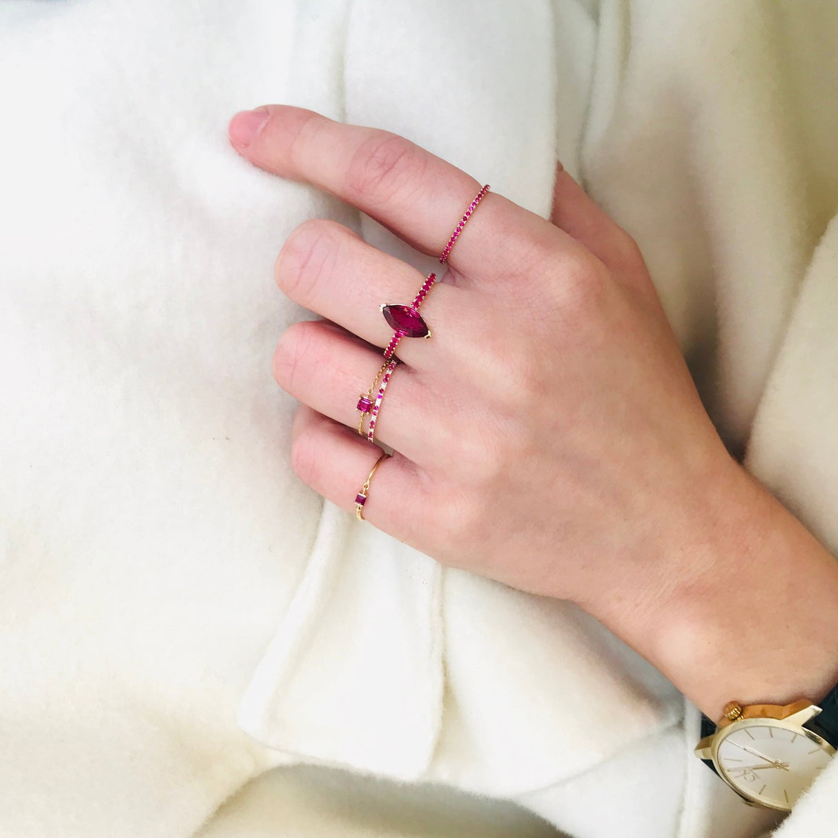 Ruby Petite Circle Ring 14k gold stackable ring on model