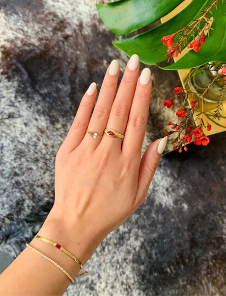 Ruby Pyramid Eye Ring 18k gold stackable ring on model