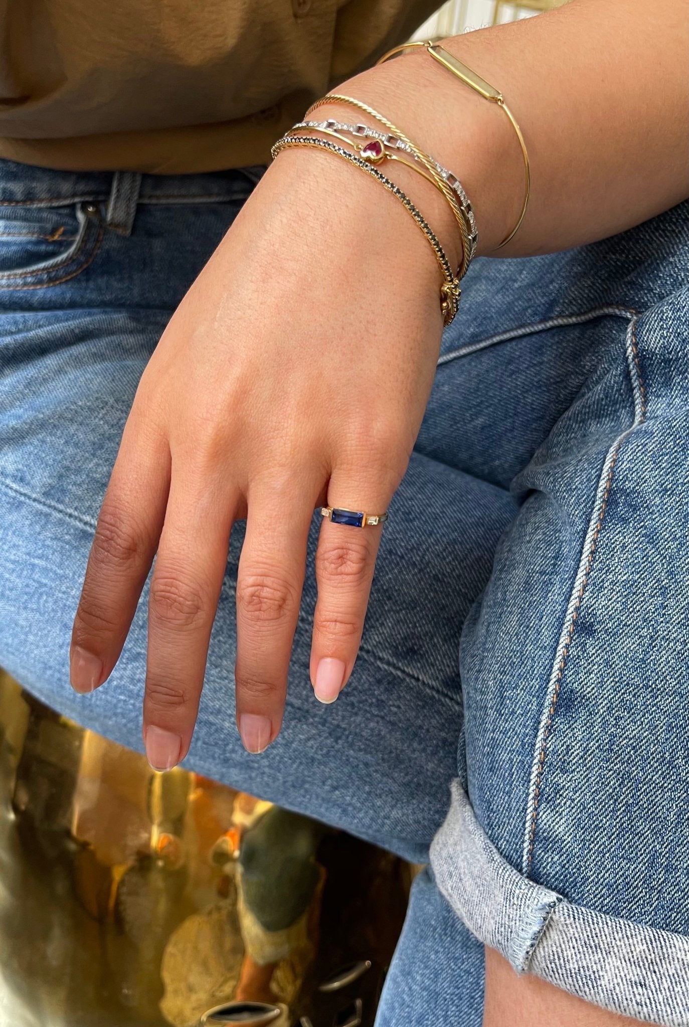 Sapphire & Diamond East West Pinky Ring 18k gold stackable ring on model