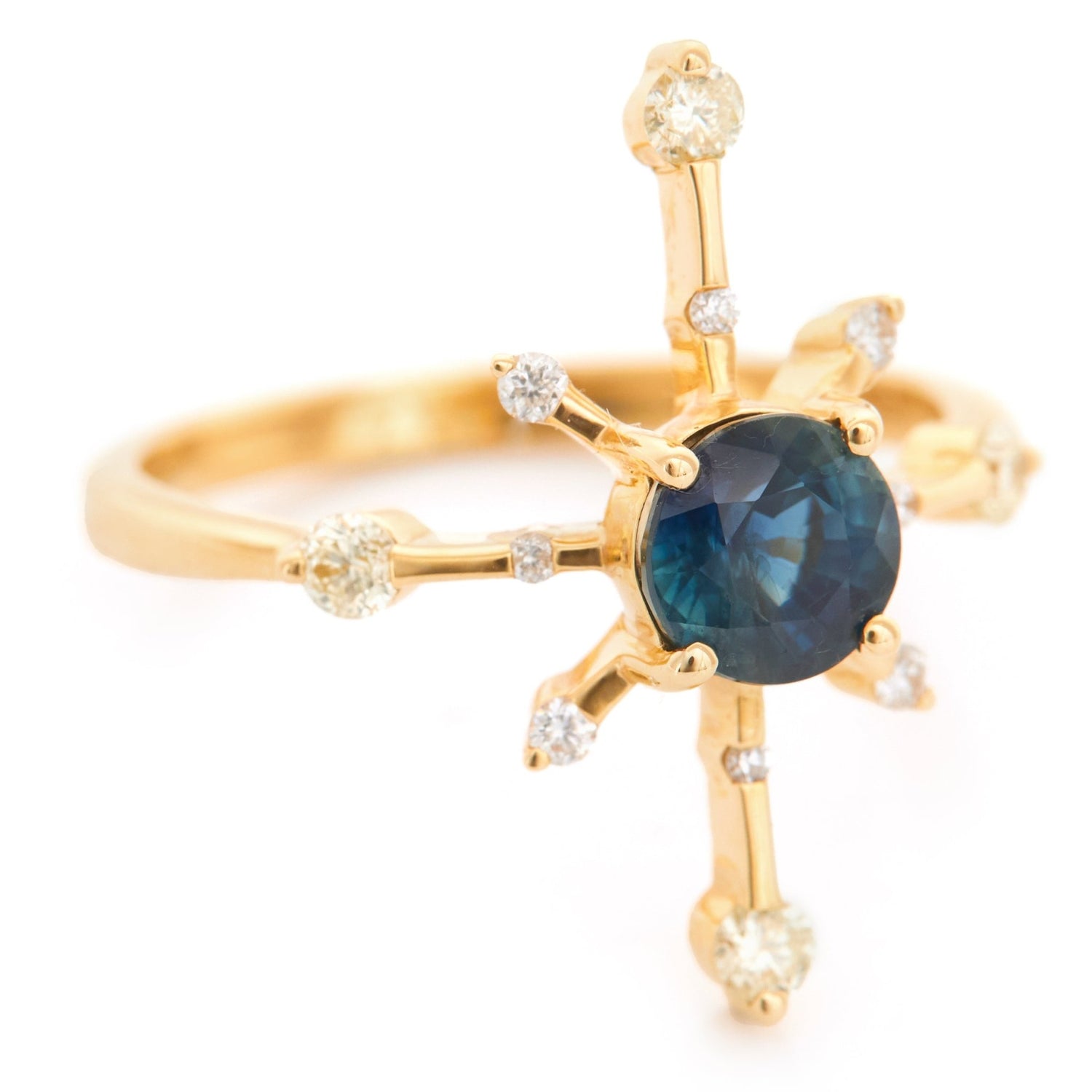 Sapphire & Diamond Starburst Ring 18k gold engagement ring side view