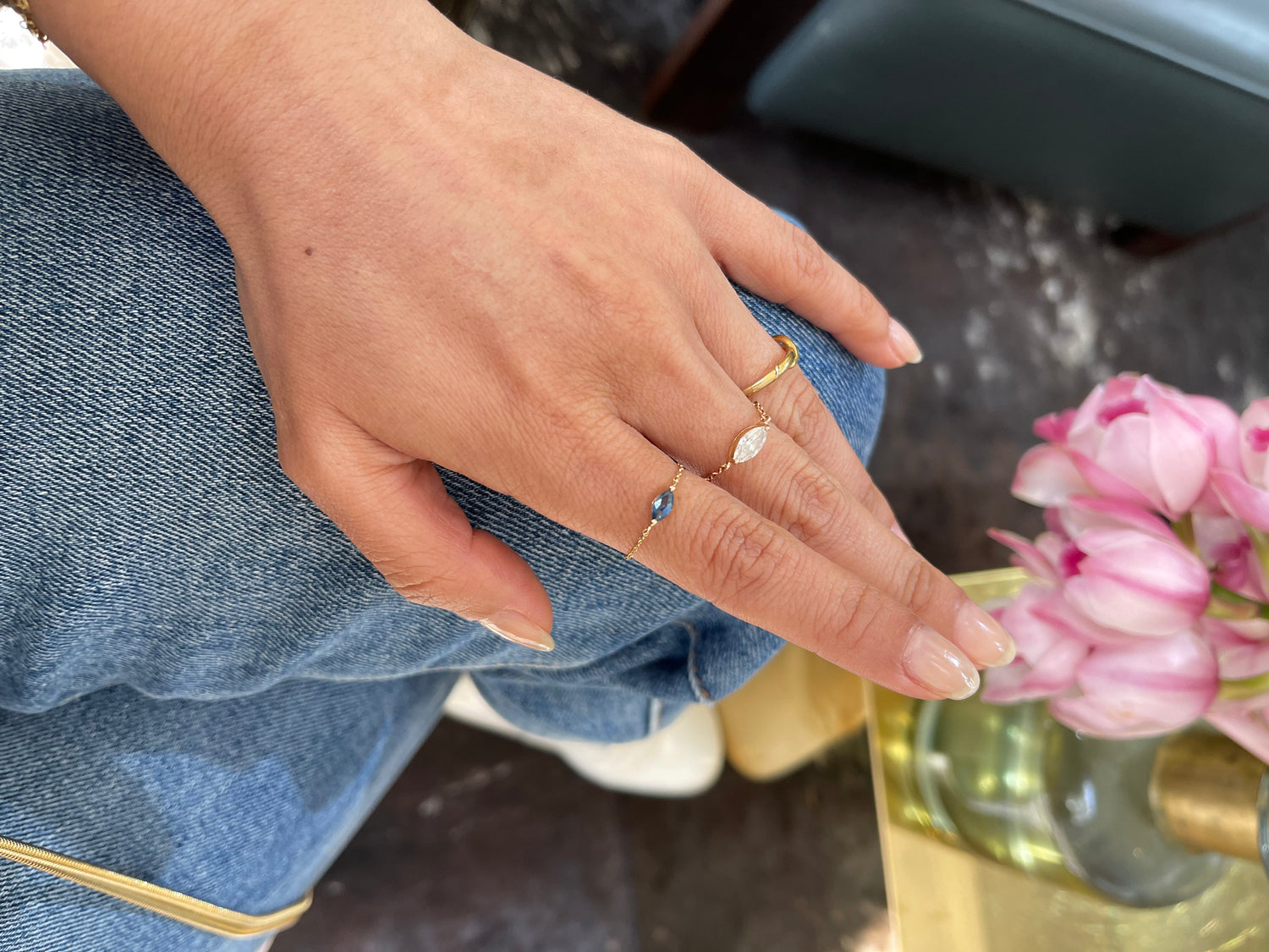 Sapphire Marquise Chain Ring 14k gold Stackable ring on model