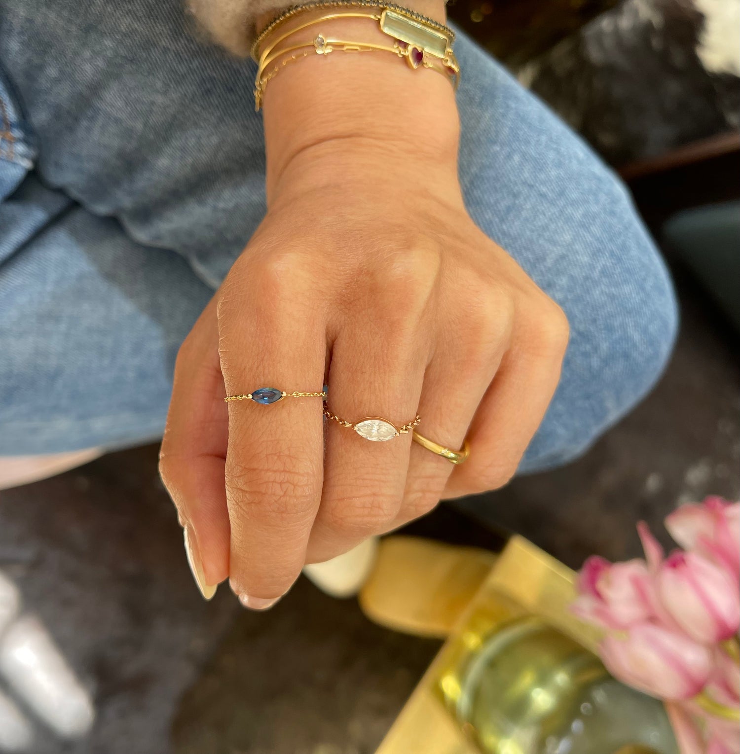 Sapphire Marquise Chain Ring 14k gold Stackable ring on model