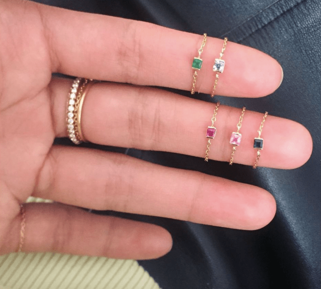 Sapphire Petite Chain Ring 14k gold Stackable ring on model