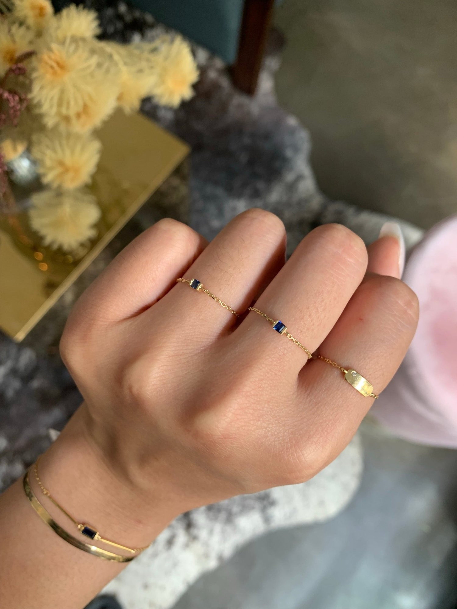 Sapphire Petite Chain Ring 14k gold Stackable ring on model