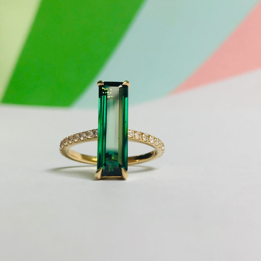 Green Tourmaline & Diamond Bar Ring