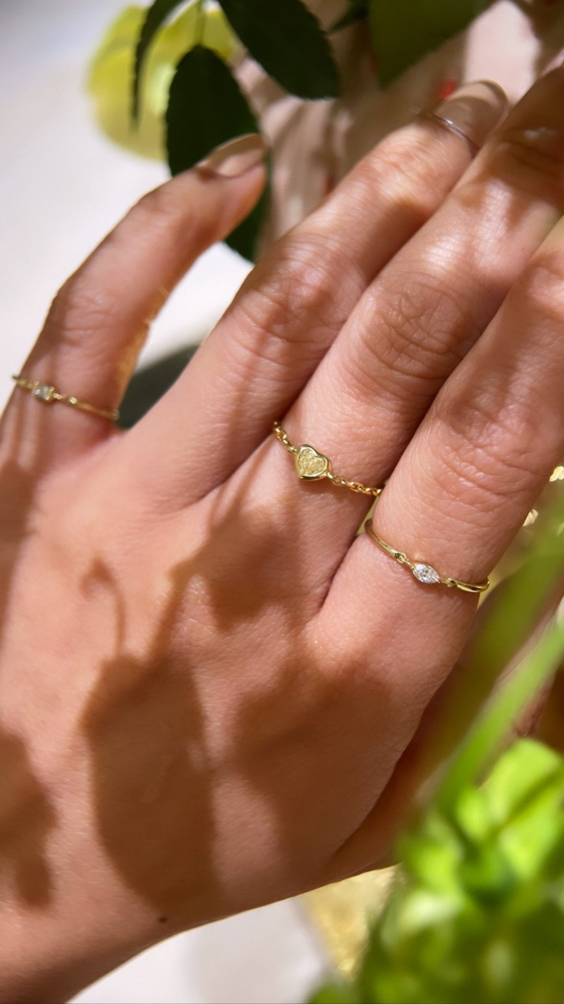 Yellow Diamond Heart Chain Ring 18k gold Stackable ring on model