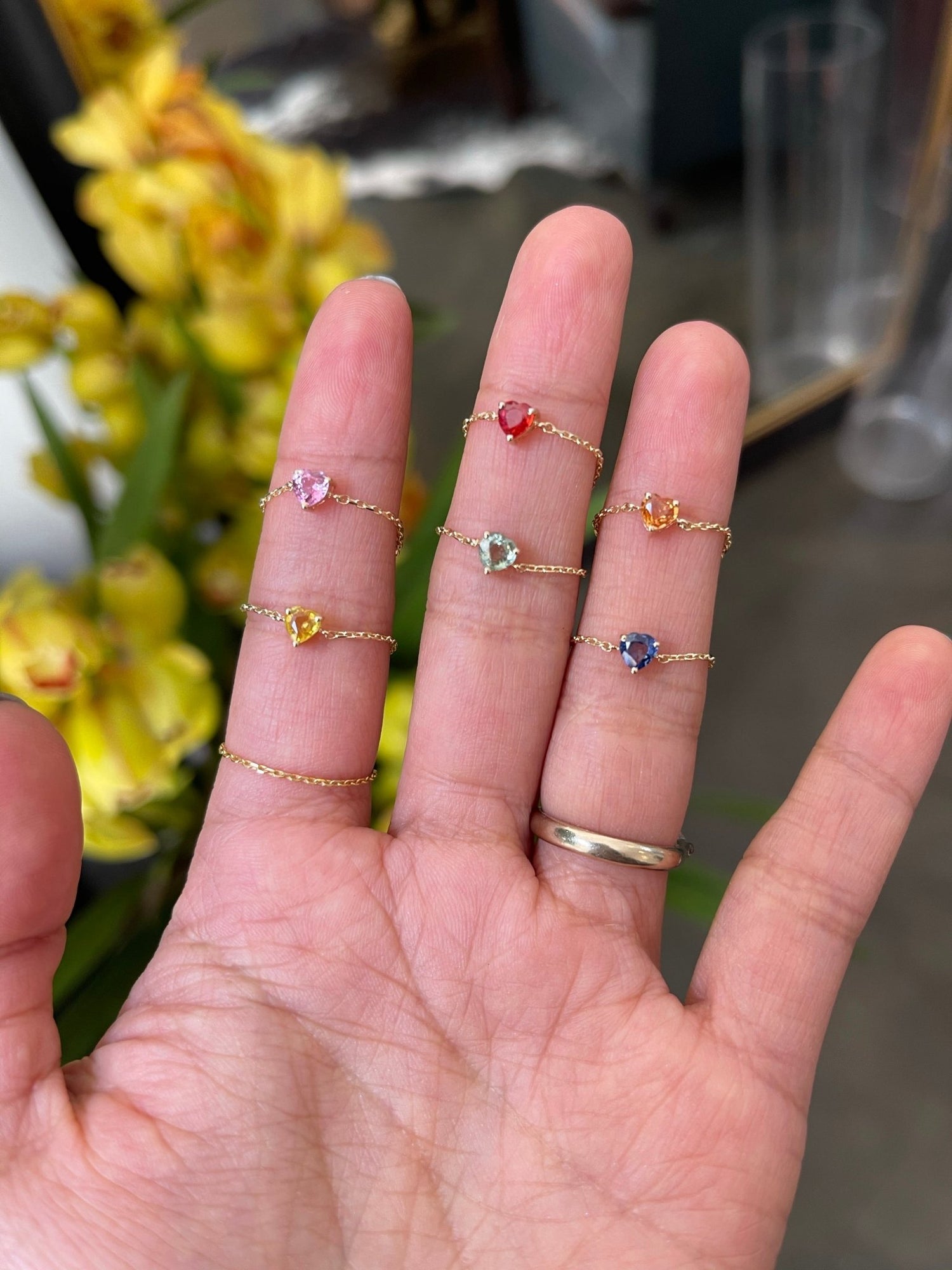 Yellow Sapphire Heart Chain Ring 14k gold Stackable ring on model 1
