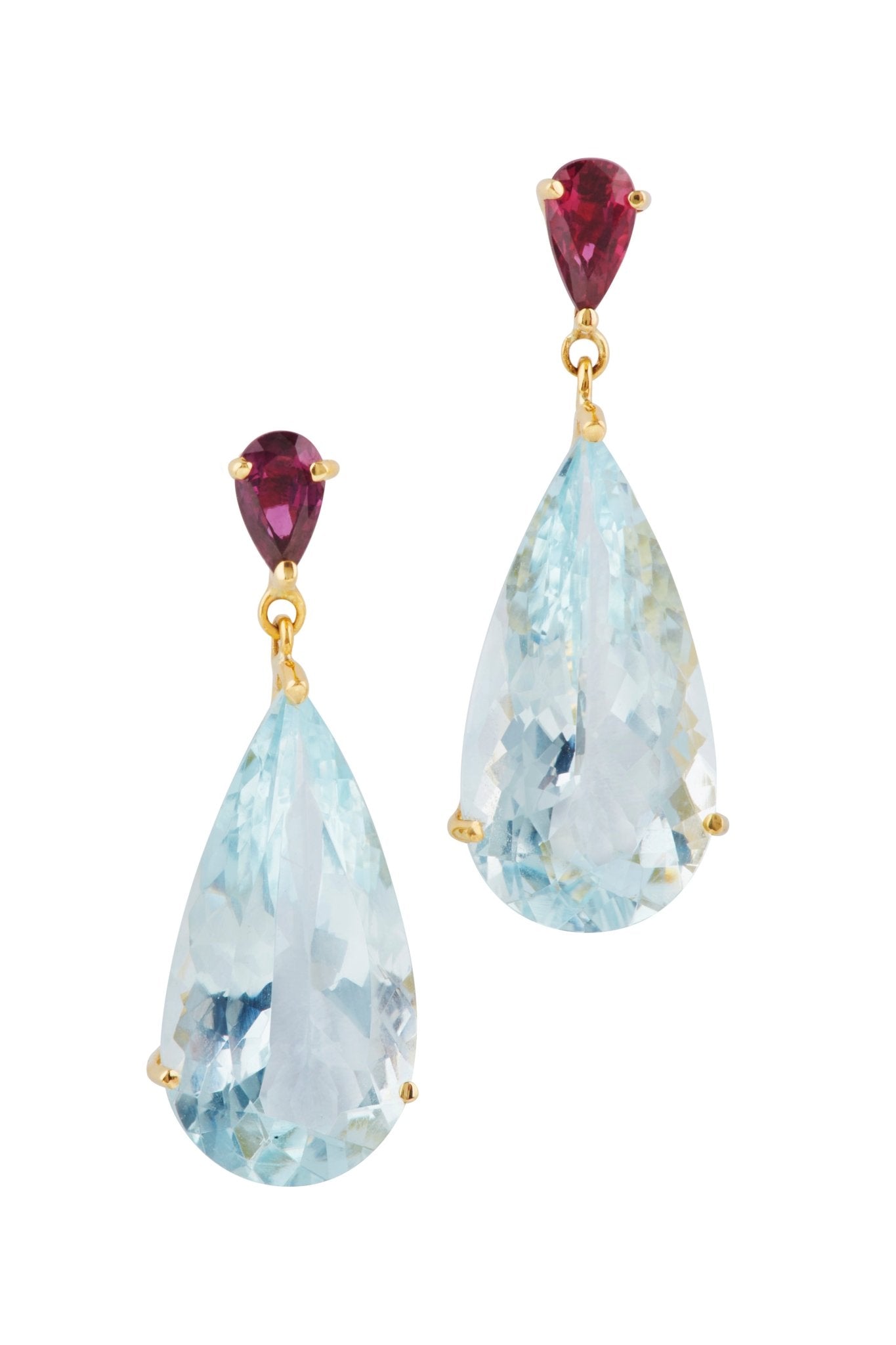 A pair of earrings featuring large pear-shaped aquamarines with smaller sparkling rubies at the top, all set in 18K yellow gold.