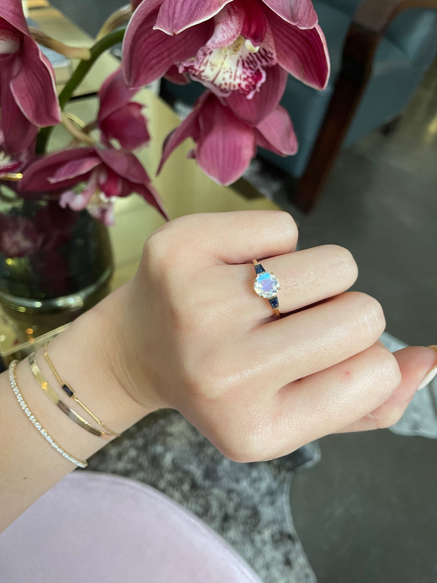 Rainbow Moonstone & Sapphire starlight Ring